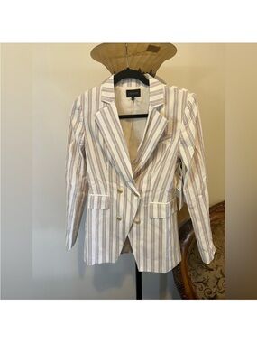 1.STATE Cream and Brown Striped Double-Breasted Blazer